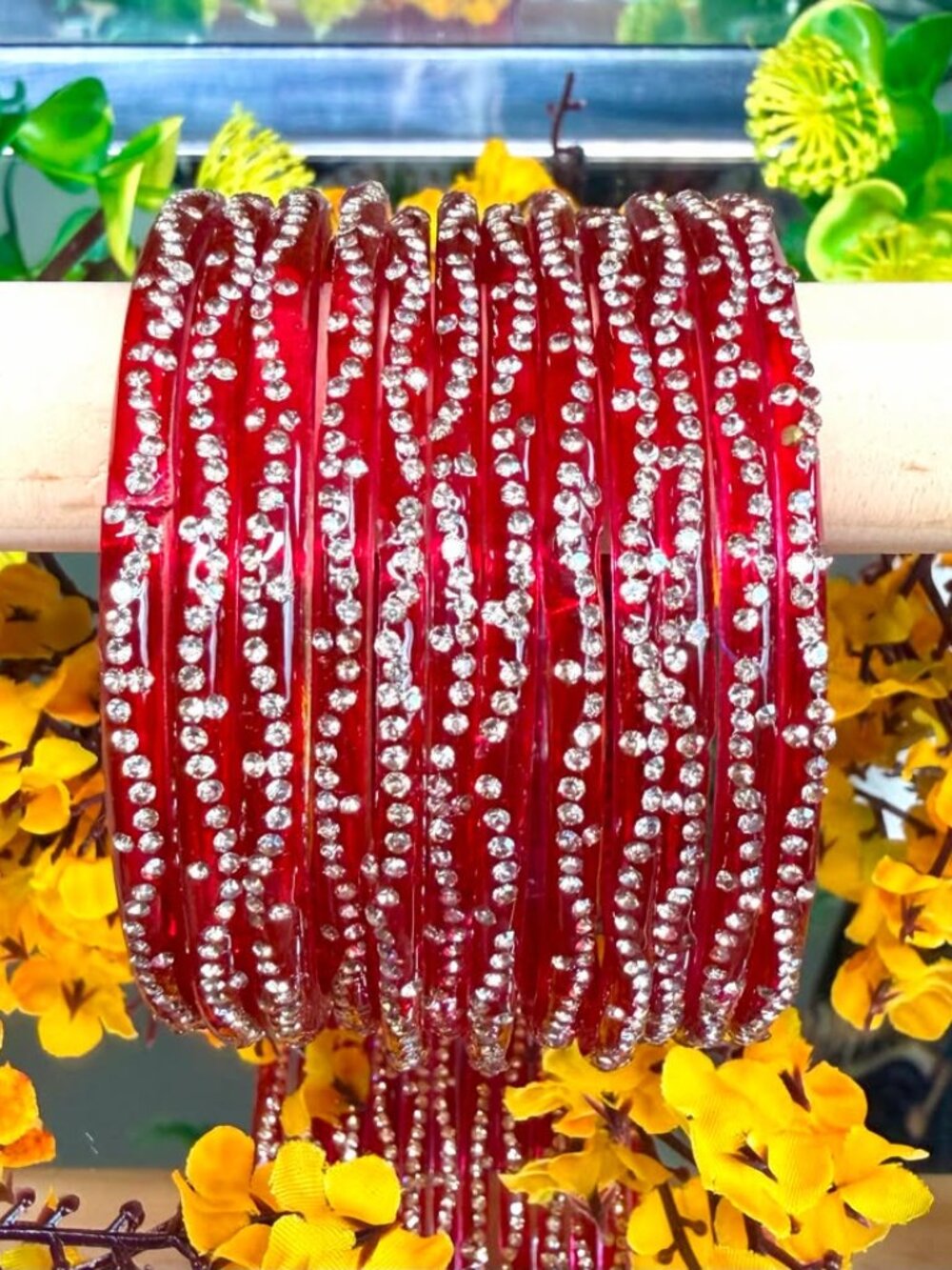 12PC RUBY RED Rhinestone Resin Bangle Bracelets Stackable Sparkle Set